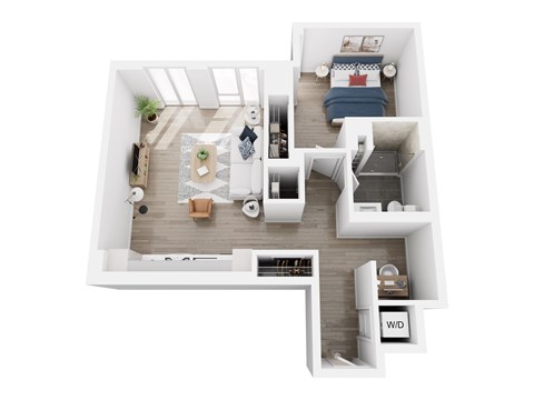 A white interior design of a house with a kitchen, living room, and bedroom.